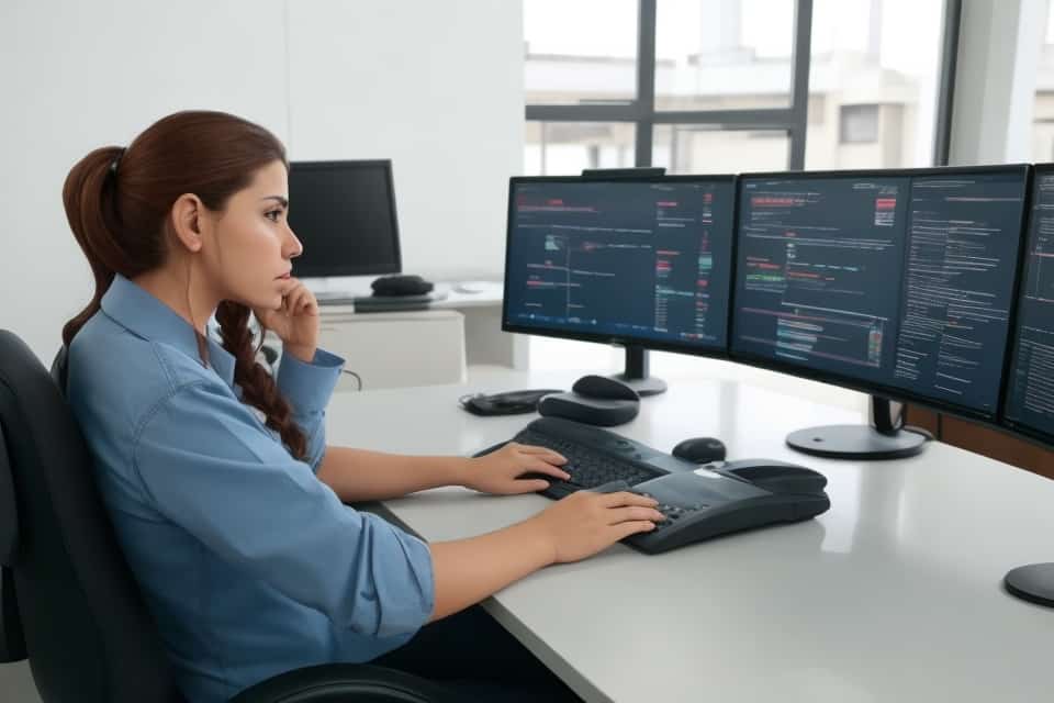 Mujer joven sentada en escritorio con computador portátil, analizando datos y código de programación.